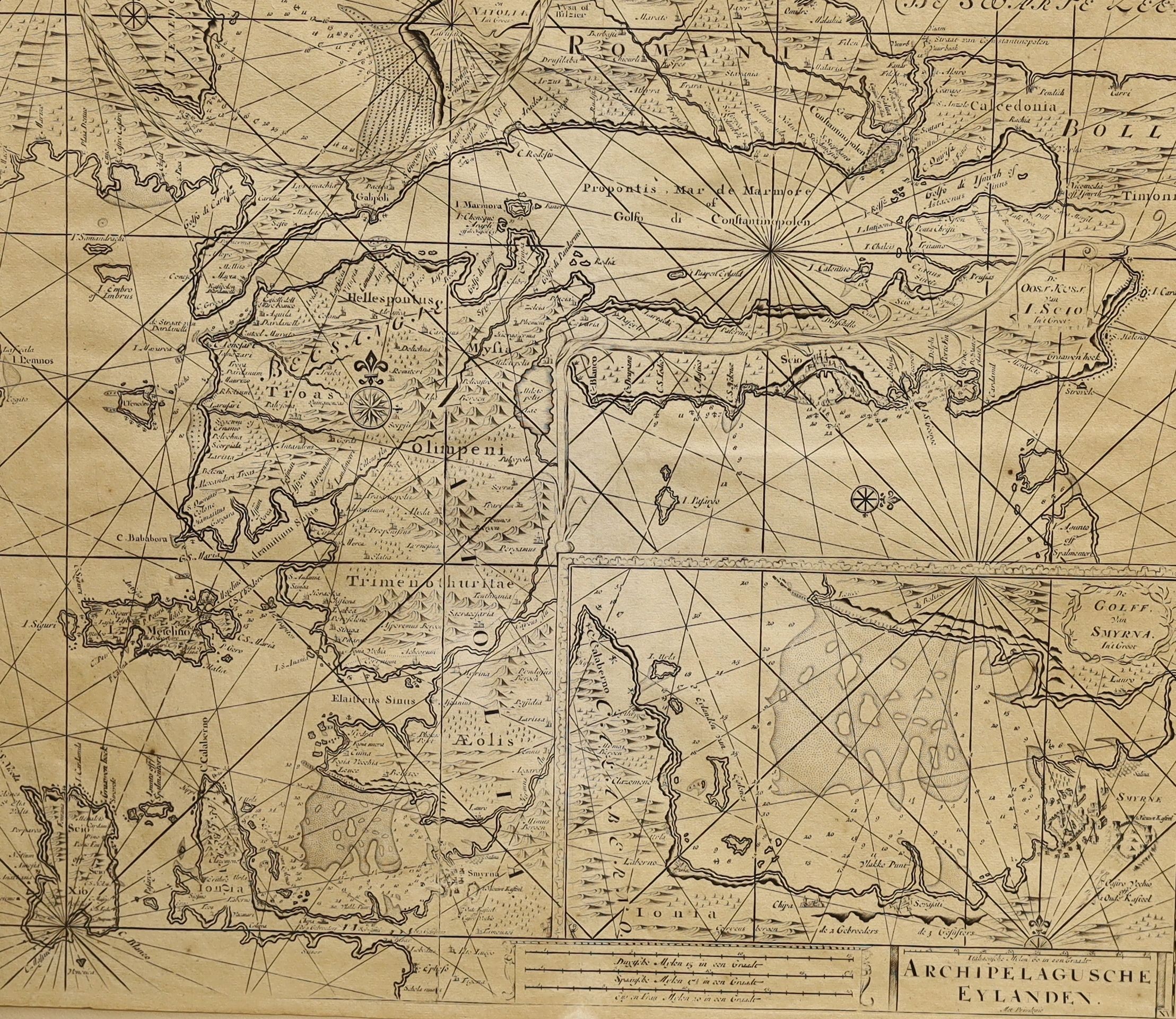 An 18th century Dutch engraving, Map of Archipelagusche Eylanden, 52 x 60cm, unframed